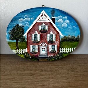 Hand-Painted Oval Folk Art House Plaque - Red & Blue
